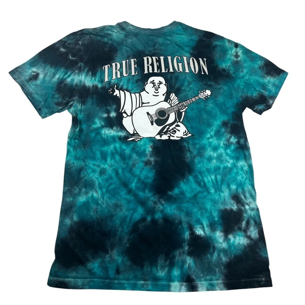 True Religion Teal Tie Dye T-Shirt Buddha Graphic Logo‎ Mens Medium